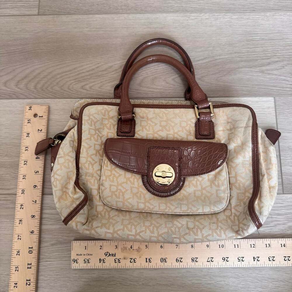 DKNY Beige Monogram Satchel Brown Croc Embossed Trim Turn Lock Handbag - Picture 2 of 6